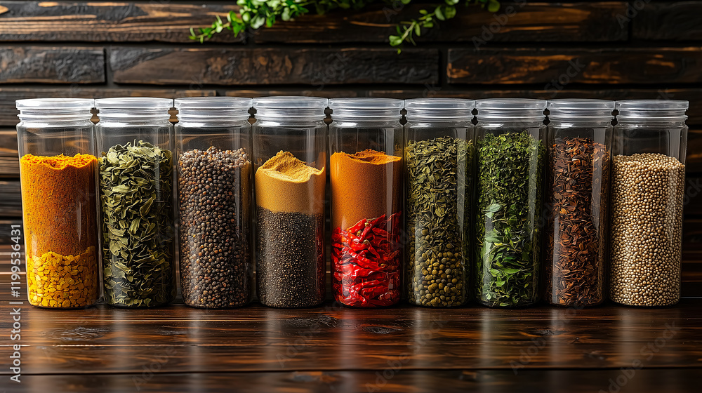 Poster various spices and herbs stored in clear containers on a wooden table in a kitchen setting. generati