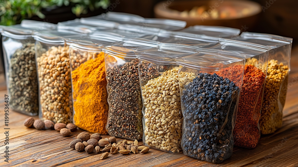 Aufkleber variety of spices in transparent packets displayed on wooden table in kitchen setting during dayligh