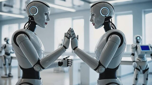 Humanoid Robots: A captivating image of two humanoid robots facing each other, their hands clasped together, symbolizing the burgeoning relationship between humanity and artificial intelligence.