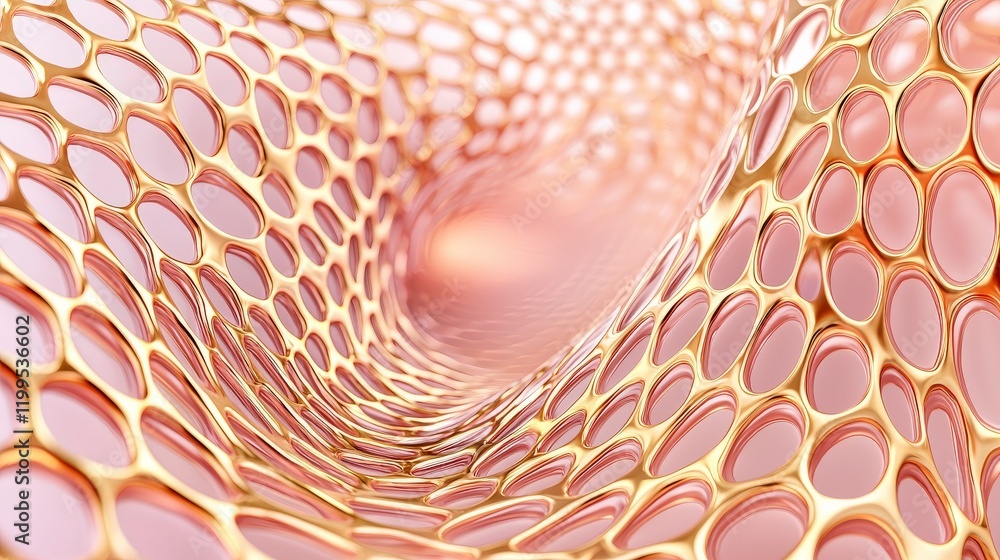 Poster intricate abstract flow of golden mesh with soft pink background and curved structure of interconnec