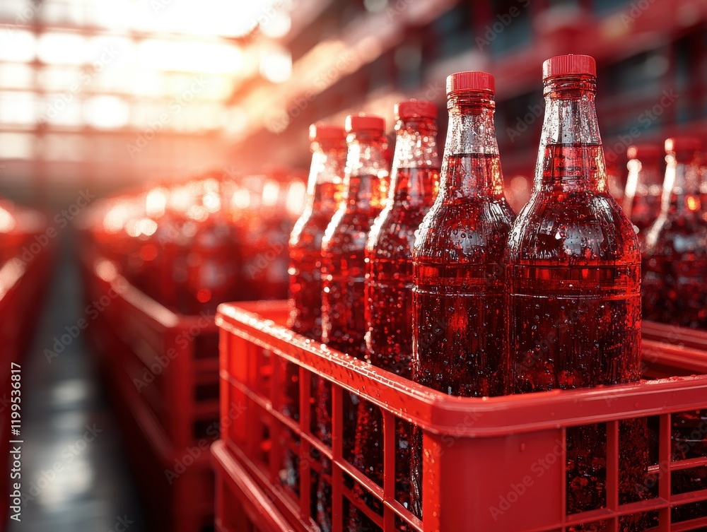 Poster red beverage bottles filled with refreshing fizzy drinks stored in crates, showcasing condensation a