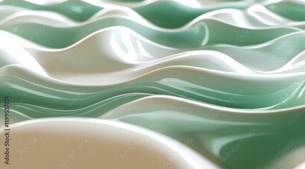 Poster 3d render, abstract background with waves in white and green colors, light brown color