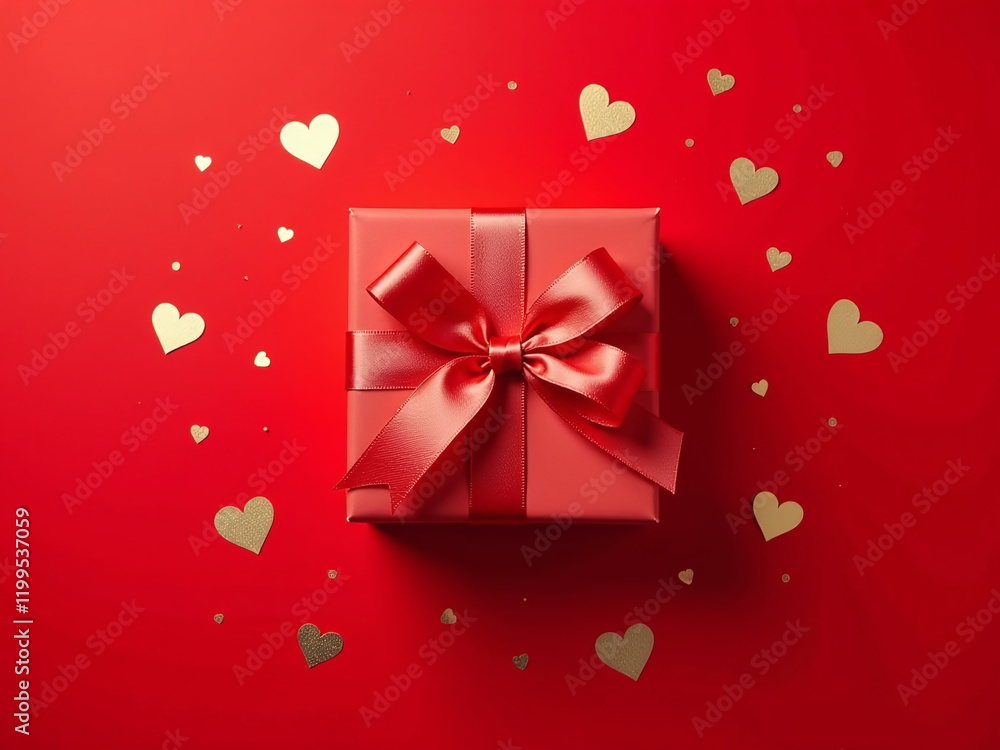 Poster a flat lay design features a gift box wrapped in satin ribbon, surrounded by golden hearts and confe