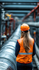 Female engineer in safety vest and hard hat inspecting industrial pipeline, checking infrastructure during maintenance work