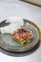 A gourmet dish featuring fresh tuna tartare with exotic mango and avocado, beautifully plated in a modern culinary style