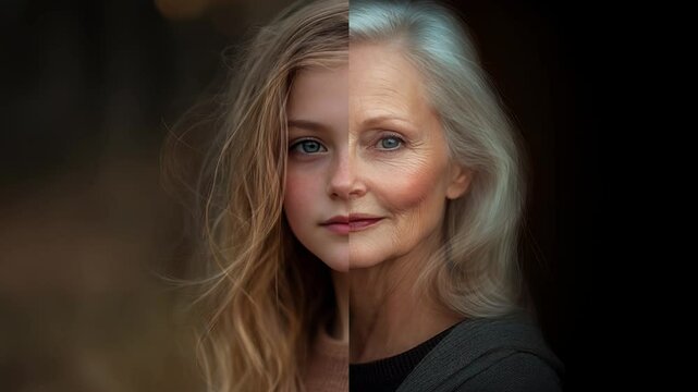 Loopable animation divided in half showing the aging and rejuvenation process