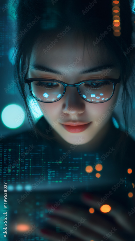 Leinwandbilder female tech professional interacting with holographic interface, analyzing data visualization throug