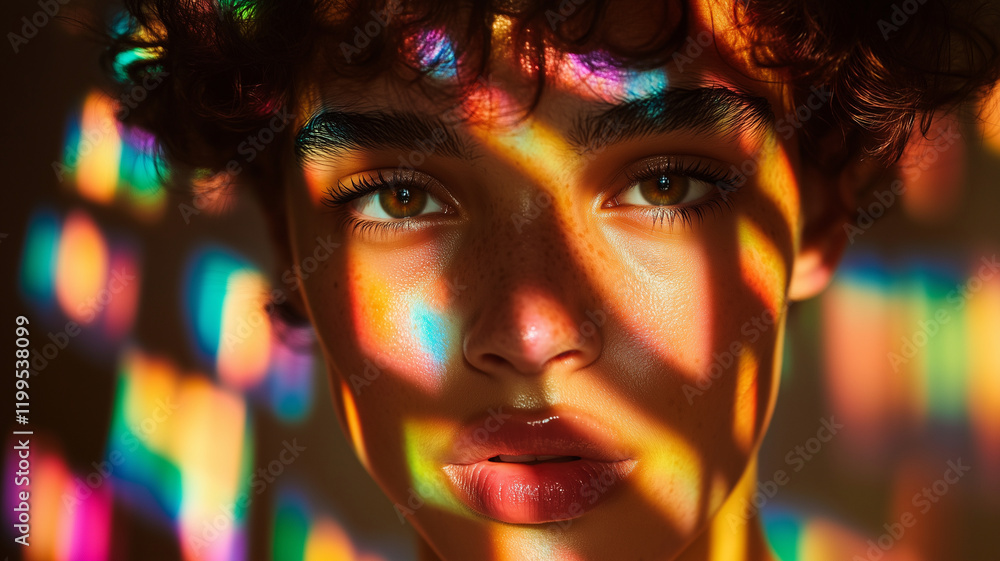 Poster close up portrait of person with curly hair, illuminated by colorful light patterns. vibrant reflect