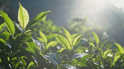 Obraz premium Fresh Green Tea Leaves in Soft Morning Light