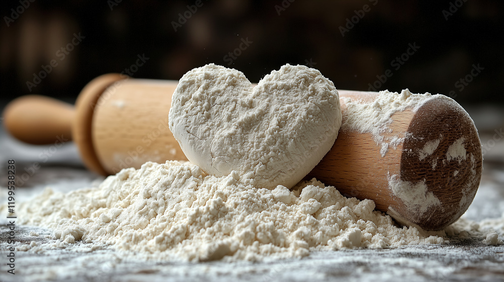 Aufkleber rolling pin and heart-shaped flour creation on kitchen counter during baking session in warm light. 
