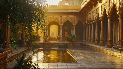 Ornate courtyard with golden architecture and central pool, illuminated by warm sunlight. Traditional design, rich heritage, peaceful atmosphere, and intricate details. Generative AI