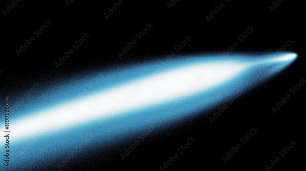 Poster Abstract blue beam of light on a dark black background with a grainy texture and blurred details, creating a mysterious and hazy atmosphere. Conceptual design for futuristic, digital, and sci-fi theme