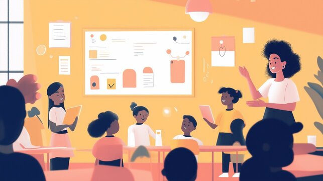 A young woman enthusiastically leads a tech workshop for children, teaching coding to a diverse group of participants. The engaged students emphasize learning, creative innovation in STEM education