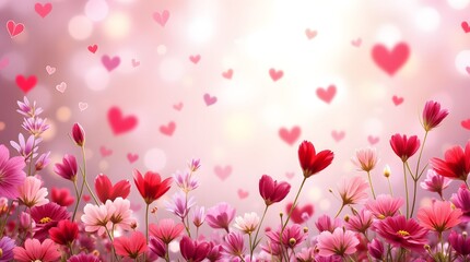 Romantic card with flowers and hearts. Wild pink flowers on a pink blurred background. Flying hearts.