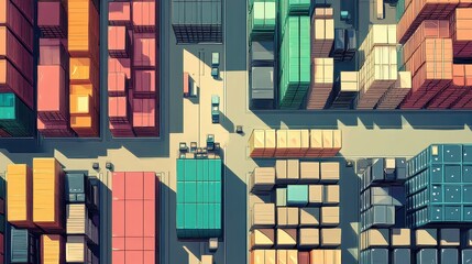 Fototapeta premium Supply chain logistics flat design top view modern warehouse cartoon drawing Triadic Color Scheme. 
