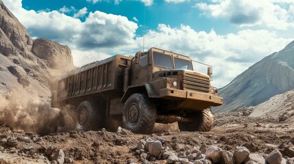 Obraz premium An advanced military cargo truck delivering equipment to troops on rugged terrain with advanced shock-absorbing tires, military logistics,