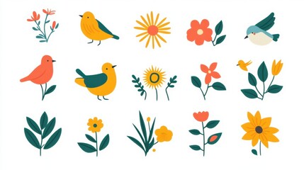 Fototapeta premium Spring icon set with flat-style flowers, birds, and sunbursts