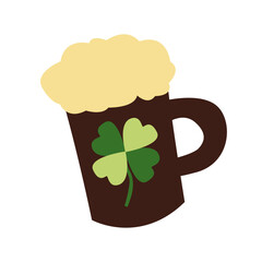 Vector flat design of a beer mug with frothy top and four-leaf clover, perfect for St. Patrick s Day celebrations