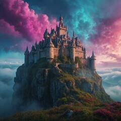A magical castle perched atop a cliff surrounded by mist.