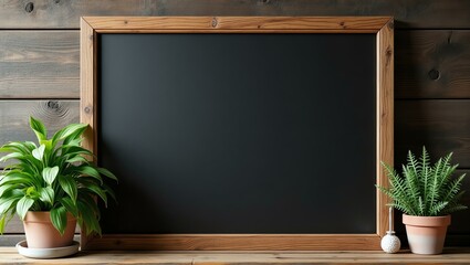 A dark wood background offers a blank wooden signage board with ample space for text