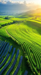 Fototapeta premium Farmland with solar panels installed, renewable energy integration with agricultural investment, sustainable growth concept