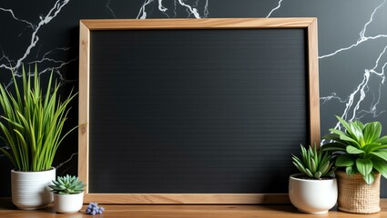 A dark marble texture background offers a blank wooden signage board with ample space for text