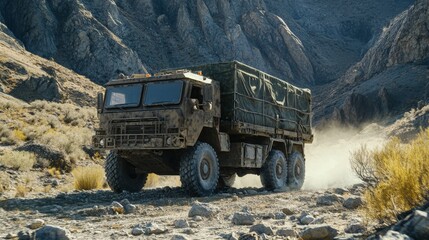 Obraz premium An advanced military cargo truck delivering equipment to troops on rugged terrain with advanced shock-absorbing tires, military logistics,