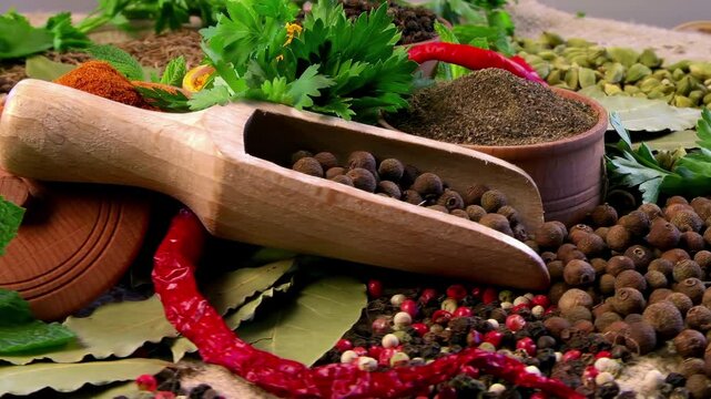 Colorful Mix of Spices and Herbs for Flavorful Dishes: Allspice, Turmeric, Chili, and Fresh Greens
