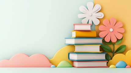 Colorful Stack of Books with Paper Floral Decorations in a Bright and Cheerful Background