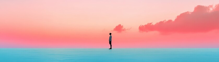 A person stands alone on a serene horizon at sunset, reflecting peace and solitude.