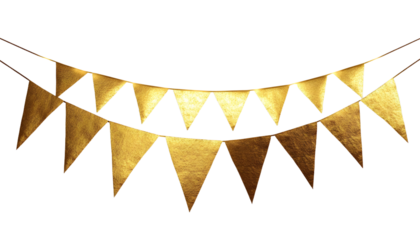 two gold bunting banner isolated on transparent background cutout