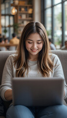A young Asian woman with long brown hair sits comfortably in a cafe, smiling gently while working on her laptop