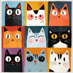 Nine colorful cat portraits, grid pattern.