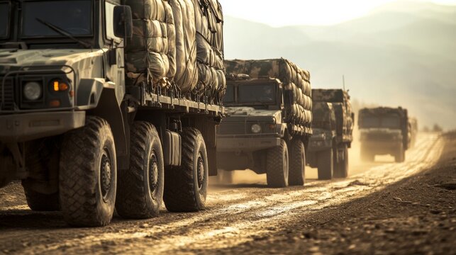 An armored military convoy transporting supplies through a warzone, featuring rugged vehicles with camouflage, supply chains in the military industry,