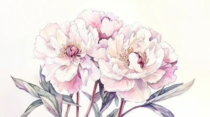 Watercolor painting of three pale pink peonies.