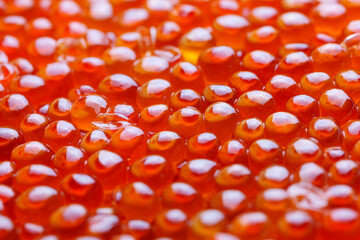 Red Caviar. Close-up of salmon fish roe caviar. Delicatessen. Texture of trout caviar. Chum salmon...