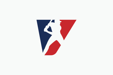 letter V logo with baseball player silhouette. It is good for team logo, club, sticker, etc.