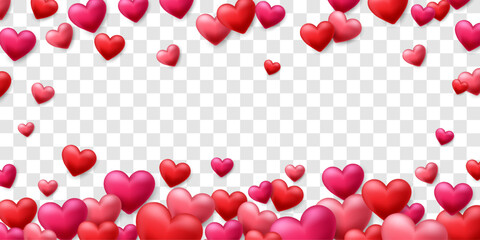 Vector 3D hearts, Valentines day love symbol. Flying cute love hearts isolated on png. Realistic romantic emoji. Valentines day vector illustration