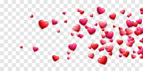 Vector 3D hearts, Valentines day love symbol. Flying cute love hearts isolated on png. Realistic romantic emoji. Valentines day vector illustration