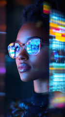 Programmer wearing advanced AR glasses, interacting with holographic interface displaying digital code and complex data visualization