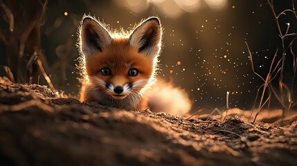 Fototapeta premium Fennec fox peeking out of sandy surroundings with large ears and wide eyes, illuminated by warm light. Highlights desert wildlife and charm of small animals. Generative AI