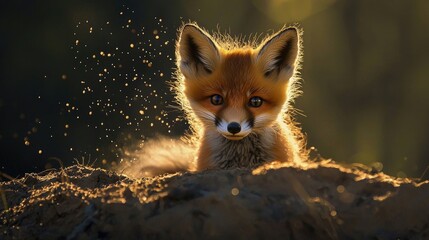 Obraz premium Fennec fox peeking out of sandy surroundings with large ears and wide eyes, illuminated by warm light. Highlights desert wildlife and charm of small animals. Generative AI