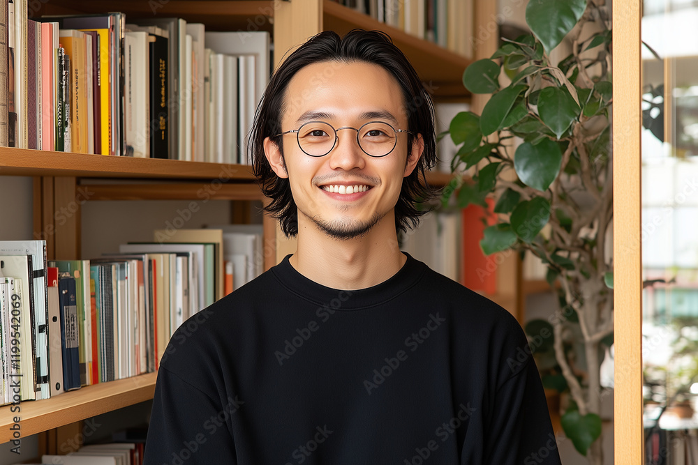 Poster smiling man with glasses stands in front of bookshelf filled with books, exuding sense of warmth and