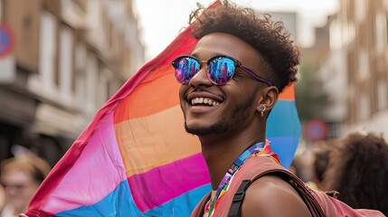 Person at a pride parade wearing vibrant accessories and carrying a colorful flag. Highlights inclusivity, diversity, and celebration of identity and love. Generative AI.