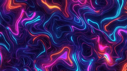 Abstract neon flowing lines pattern in pink orange and blue colors on a dark backdrop