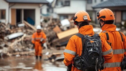 rescuers searching amid destroyed houses