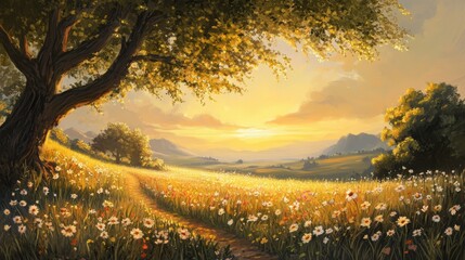 Obraz premium Spring landscape featuring a peaceful meadow under a golden sunrise