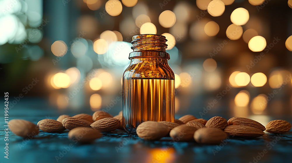 Aufkleber almond oil bottle surrounded by almonds on a table with soft bokeh background lights during evening.