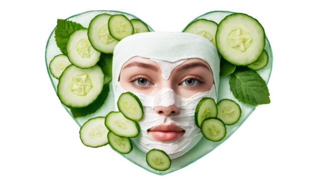 A heart-shaped face mask with cucumber slices and a spa theme, symbolizing skincare and pampering, on a white transparent background PNG