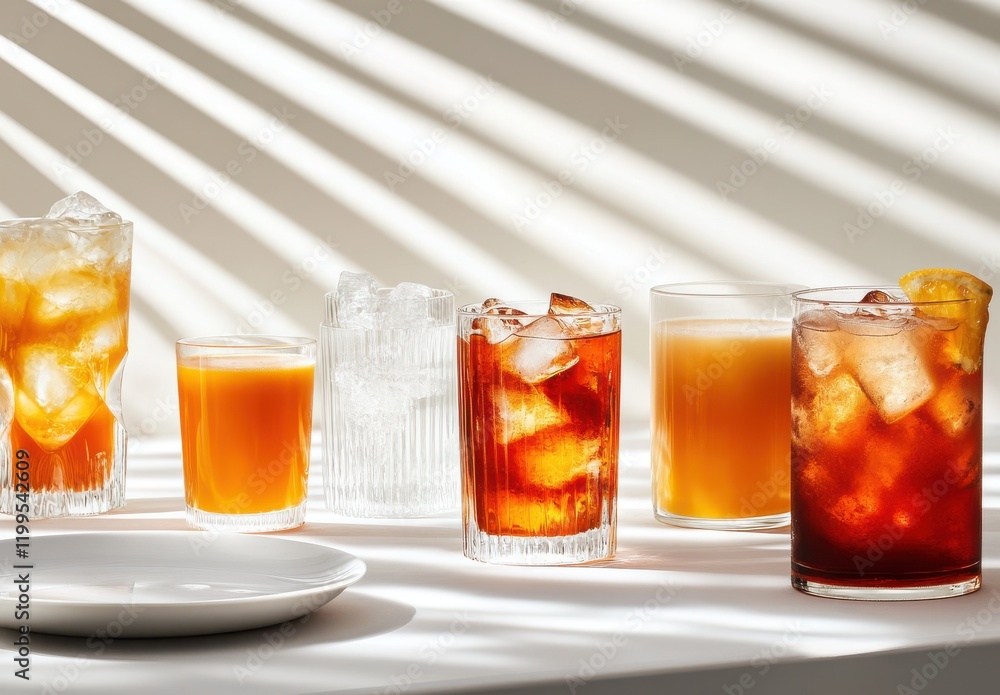 Poster refreshing assortment of cold beverages featuring ice cubes and soft drinks on a bright table with n